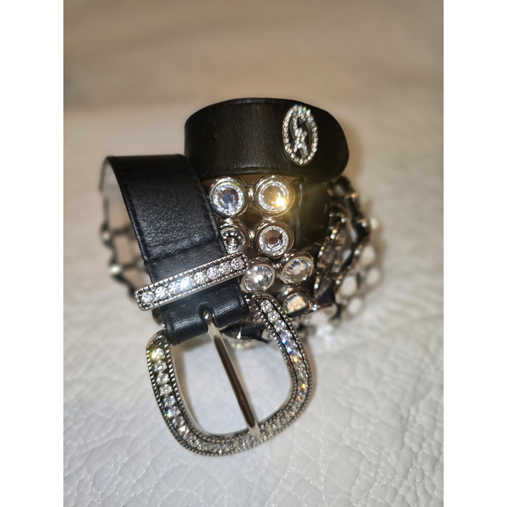 BB Simon Black Leather Belt 3 Row Swarovski Crystal Horseshoe Buckle Large